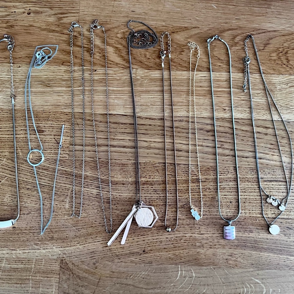 10 costume jewelry necklaces, 3 sets of earrings, 3 pandora charms